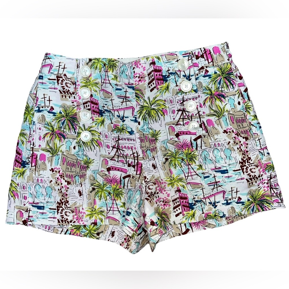 J. Crew European City Scape Button Sailor Style Shorts Linen Blend Sz 6 EUC